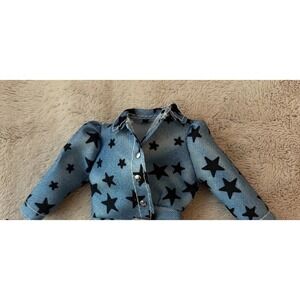Mattel Barbie Top Model Denim Crop‎ Jacket  Black Stars 3/4 Sleeves B5
